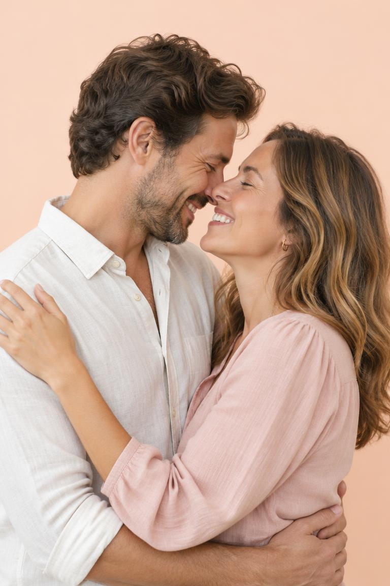 A couple smiling nose to nose in a loving embrace