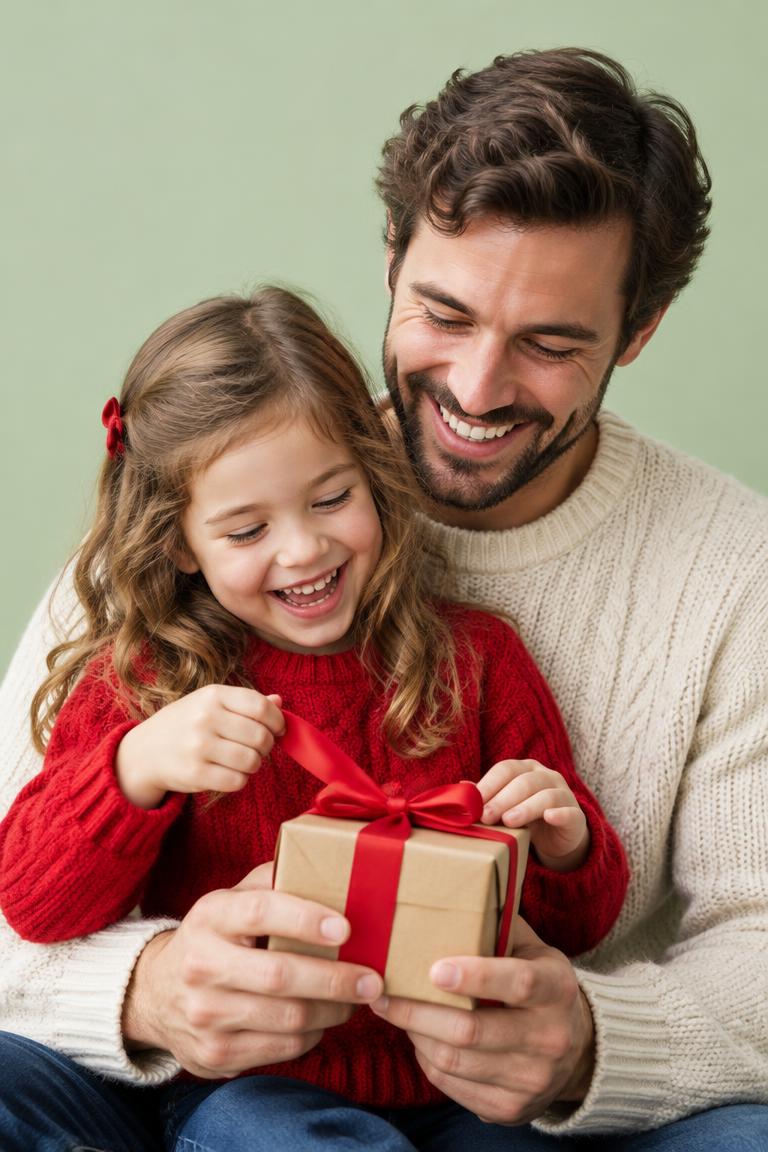 A father and daughter joyfully opening a Christmas gift